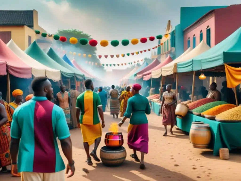 Un vibrante mercado callejero africano durante un festival tradicional, con gente diversa en trajes coloridos y actividades culturales