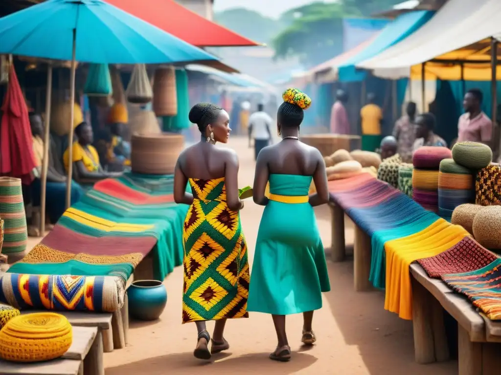 Un vibrante mercado callejero en Accra, Ghana, muestra la influencia del arte africano moderno en colores y texturas