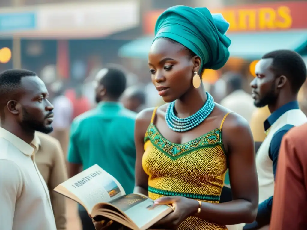 Un vibrante mercado callejero en Lagos, Nigeria, repleto de coloridos puestos de libros de literatura africana