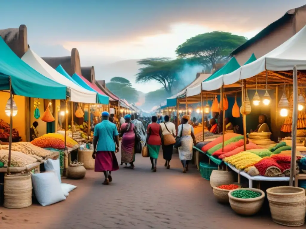 Vibrante mercado callejero en un reino del sur de África, reflejando un renacimiento cultural con artesanías tradicionales y diversidad étnica