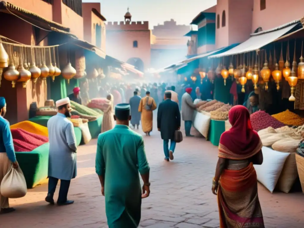 Un vibrante mercado en Marrakech, Marruecos, con colores, textiles e interacciones culturales