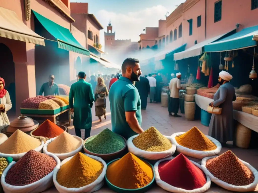 Vibrante mercado en Marrakech, Marruecos, mostrando coloridas especias, joyas de oro y comercio animado bajo el sol africano