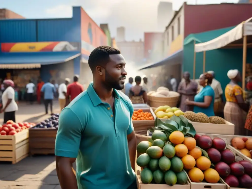 Vibrante mercado en comunidad de diáspora africana con frutas, textiles y artesanías