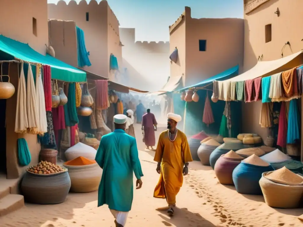 Vibrante mercado en Timbuktu, Mali, fusionando culturas árabes y africanas en la vida diaria y el comercio bajo el sol desértico