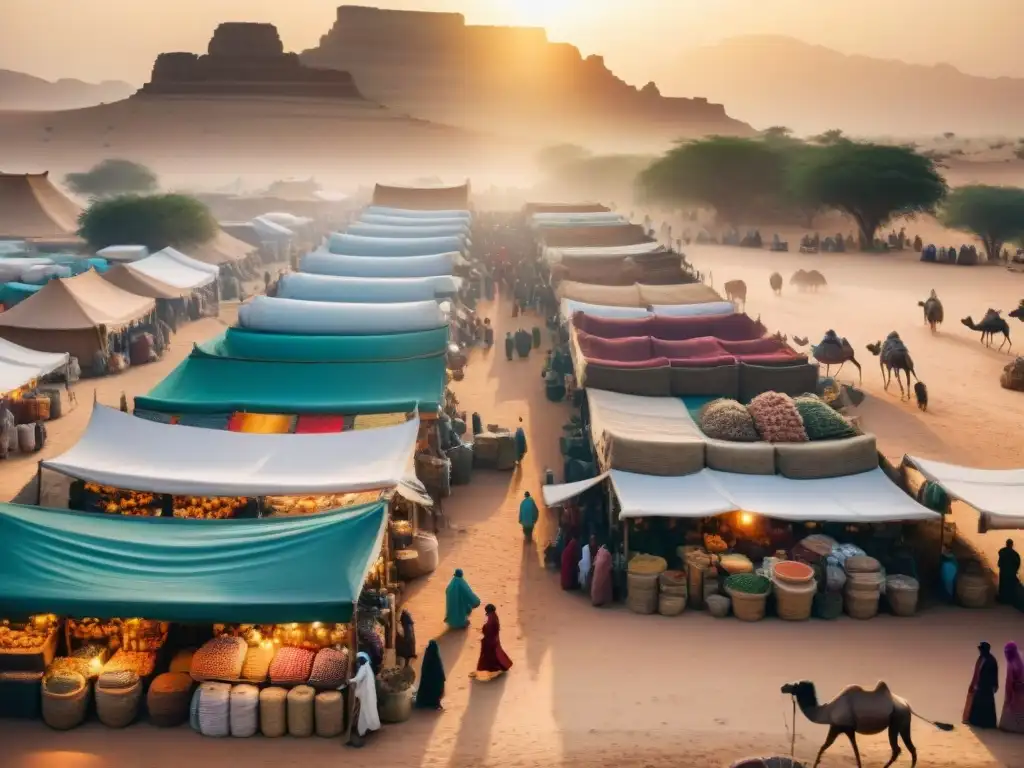 Mercado bullicioso: historia y comercio en el desierto africano Un vibrante mercado del desierto africano, reflejando el Comercio ilícito en civilizaciones africanas