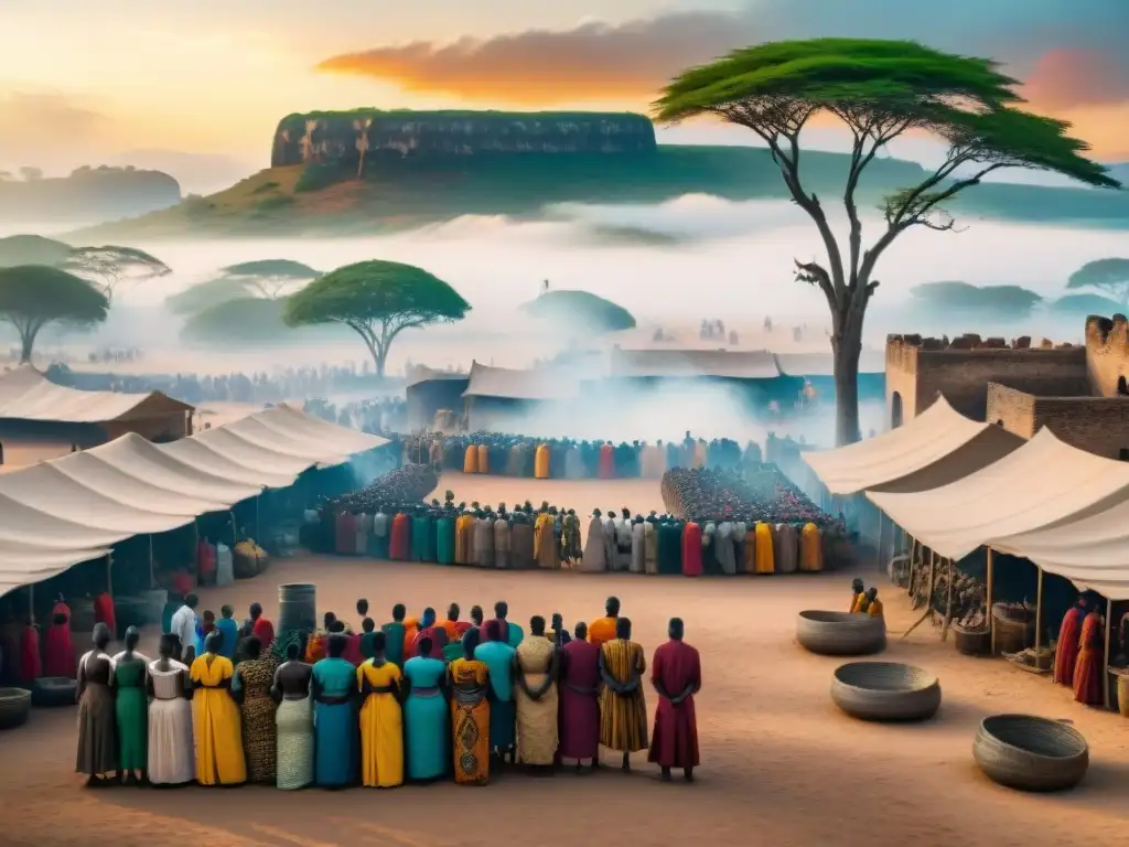 Vibrante mercado de esclavos en una ciudad africana, con colores tradicionales y tensión palpable