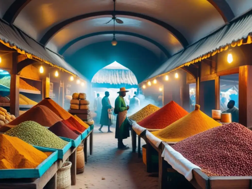 Vibrante mercado de especias en Zanzíbar, África Oriental, con comercio mundial y colores tradicionales