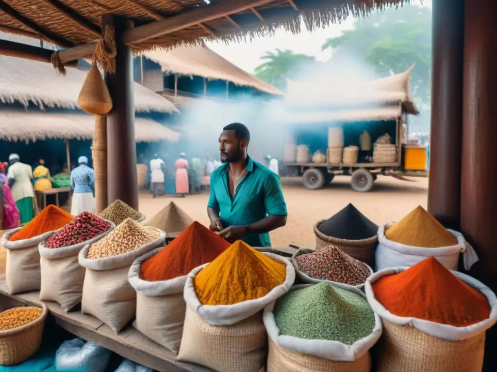 Vibrante mercado de especias en Zanzíbar, África Oriental, reflejando el comercio mundial de especias con colores y escenas animadas