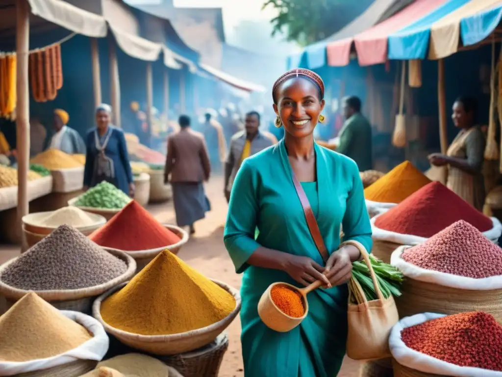 Vibrante mercado en Aksum con especias, productos frescos y utensilios de cocina