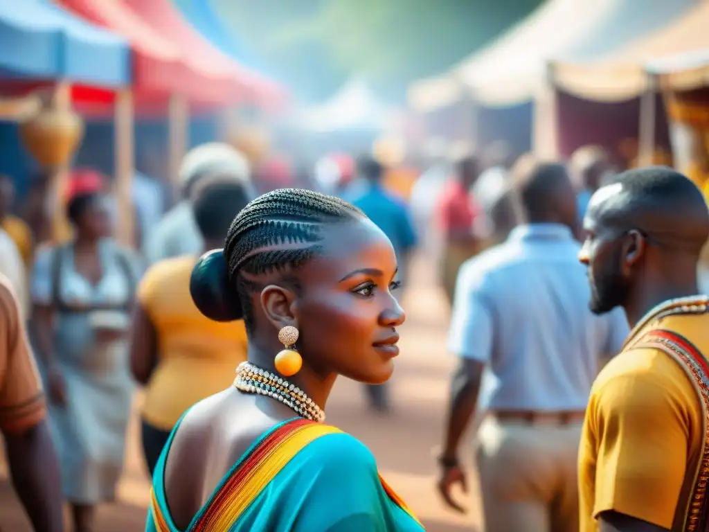 Un vibrante mercado en un festival africano, con puestos de artesanías coloridas y música animada