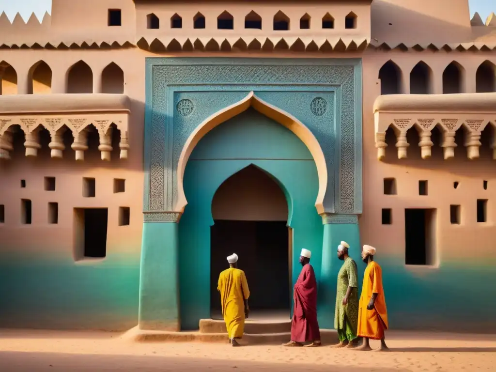 Vibrante mercado en la Gran Mezquita de Djenné en Mali, mostrando la arquitectura de adobe y vida local