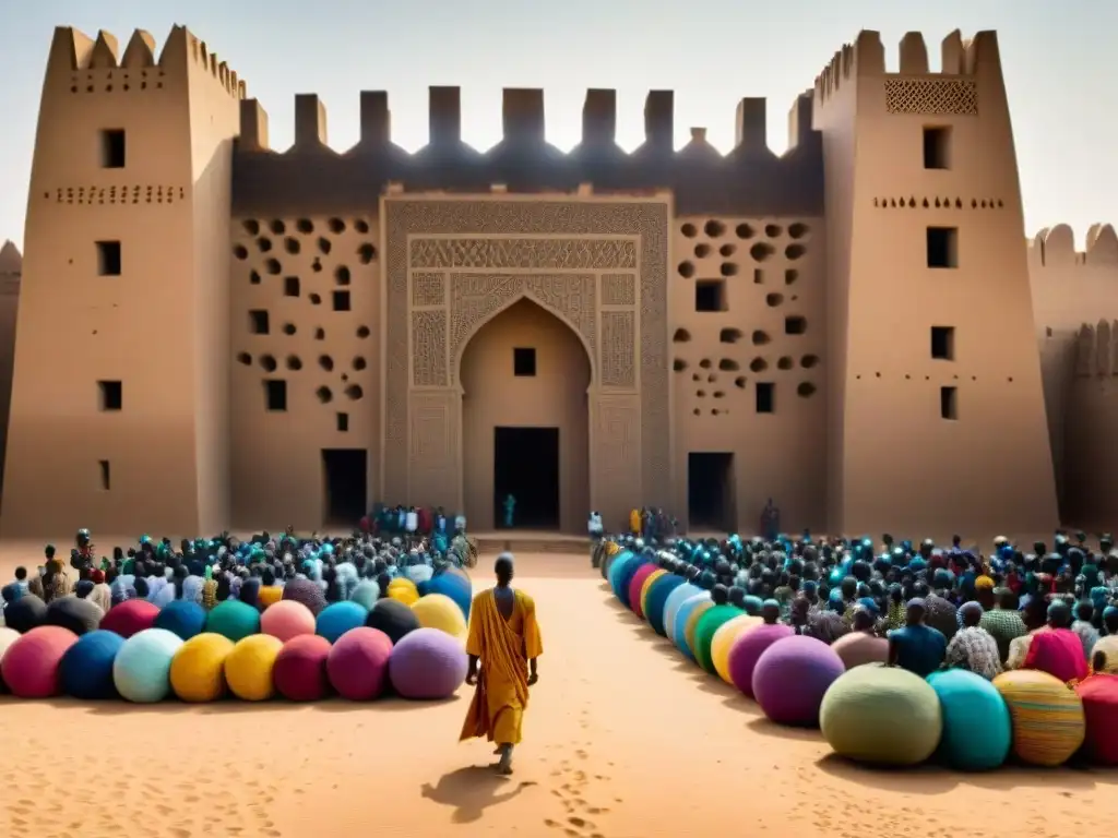 Vibrante mercado en la Gran Mezquita de Djenné, reflejo del legado histórico del Imperio de Mali