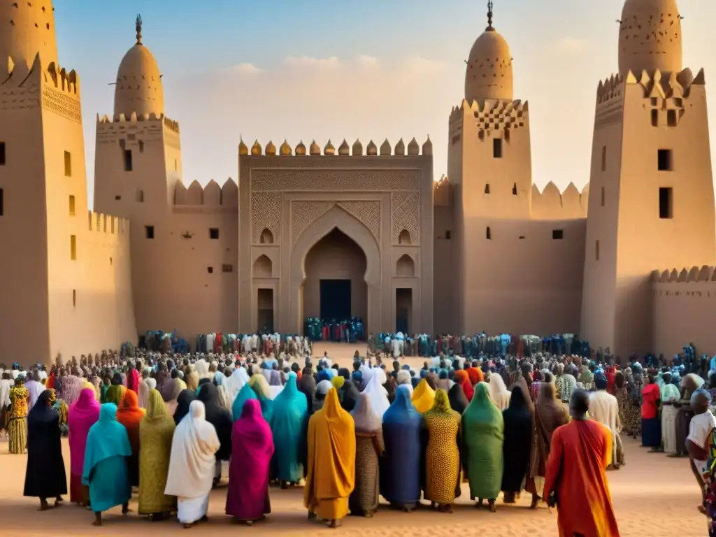 Vibrante mercado en la Gran Mezquita de Djenné, Mali, muestra la arquitectura africana precolonial