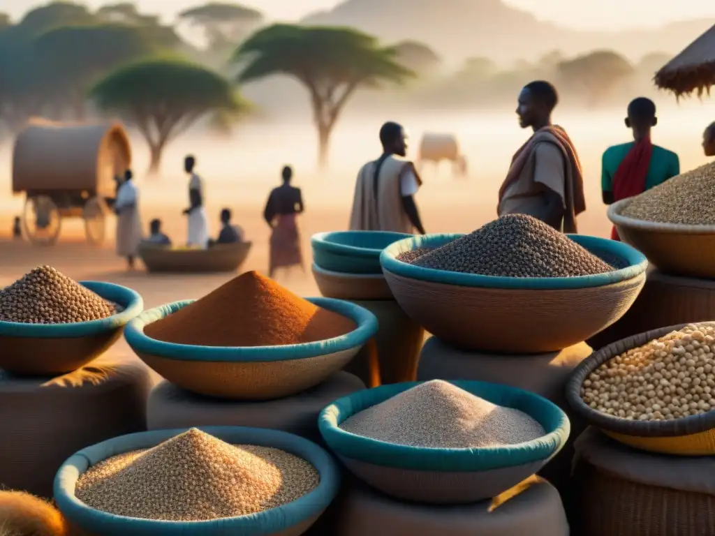 Un vibrante mercado en África muestra granos antiguos africanos bajo el cálido sol, reflejando la esencia de la nutrición moderna