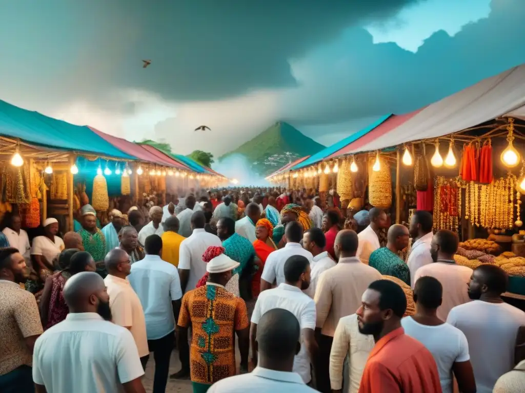 Vibrante mercado haitiano con sincretismo religioso entre Vudú y Cristianismo