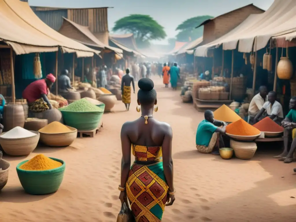 Vibrante mercado del Imperio de Ghana, con comerciantes negociando oro y sal bajo el sol del Sáhara