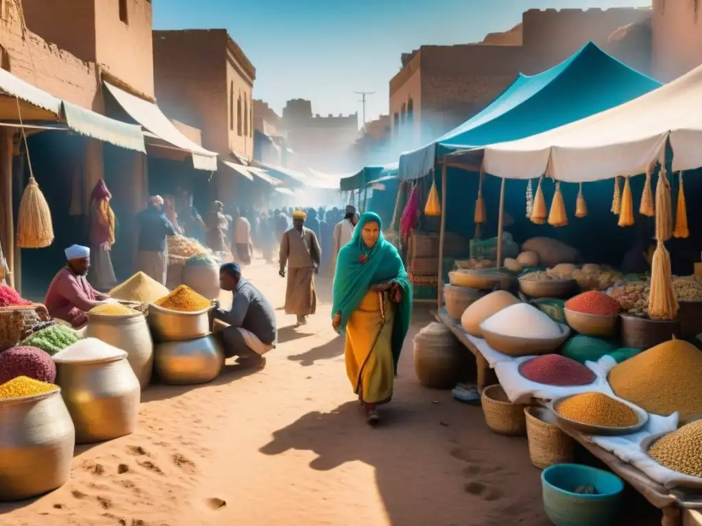 Un vibrante mercado en los Imperios Sahelianos: comercio de oro, sal y telas entre músicos, mujeres y animales, bajo la cálida luz solar