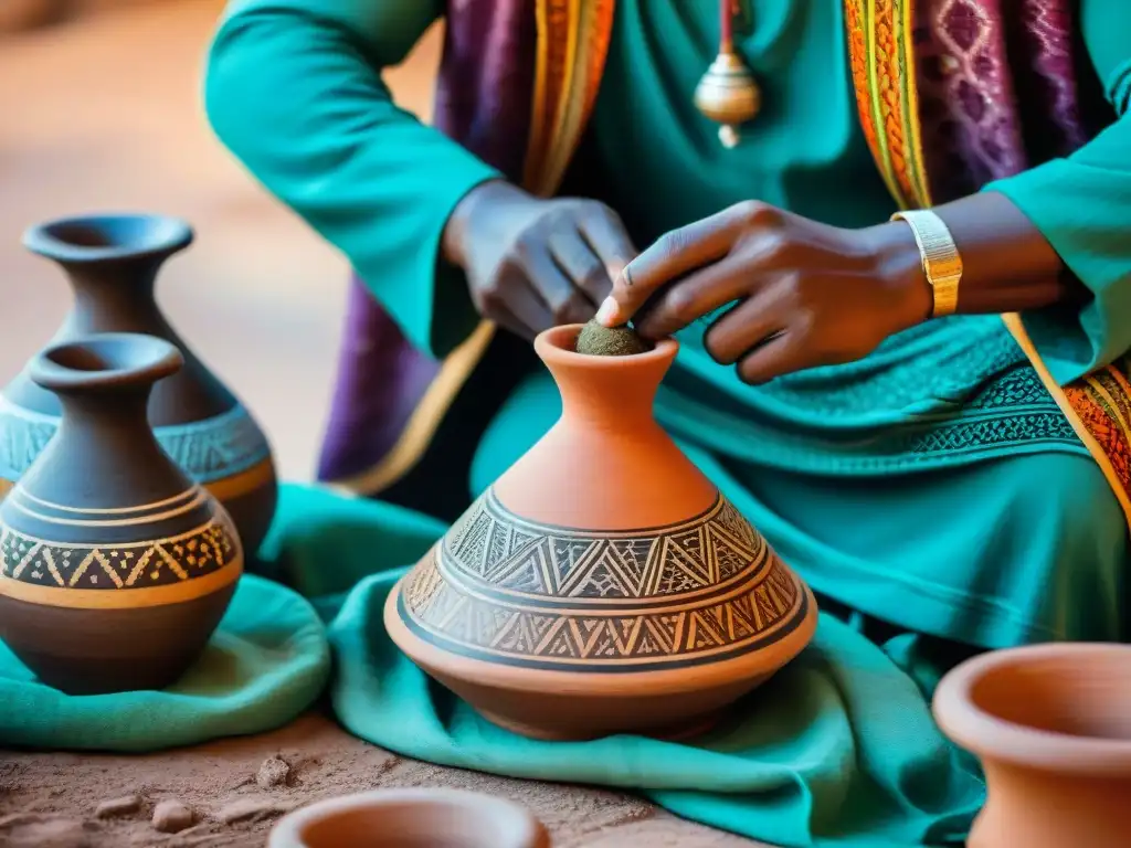 Artesanía berberí en un vibrante mercado de Marruecos, representando la influencia árabe en África Occidental