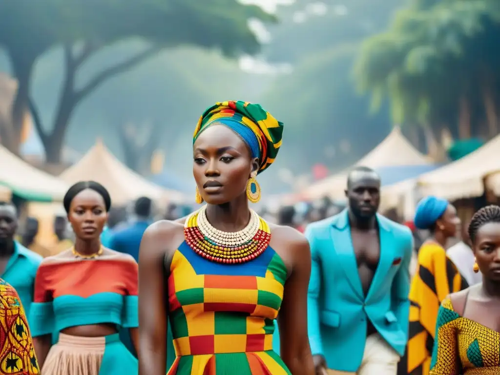 Vibrante mercado en Accra, Ghana, muestra influencia moda global diseñadores africanos con telas Kente y cuentas