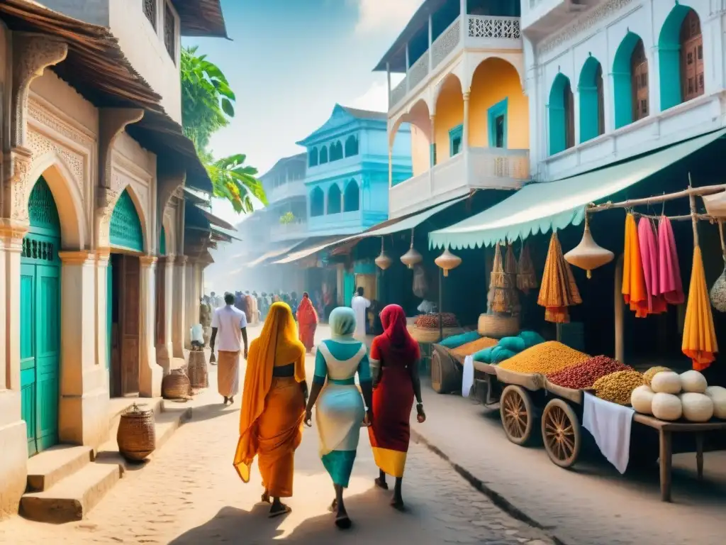 Un vibrante mercado en Stone Town, Zanzíbar, reflejando la influencia multicultural de la cultura local