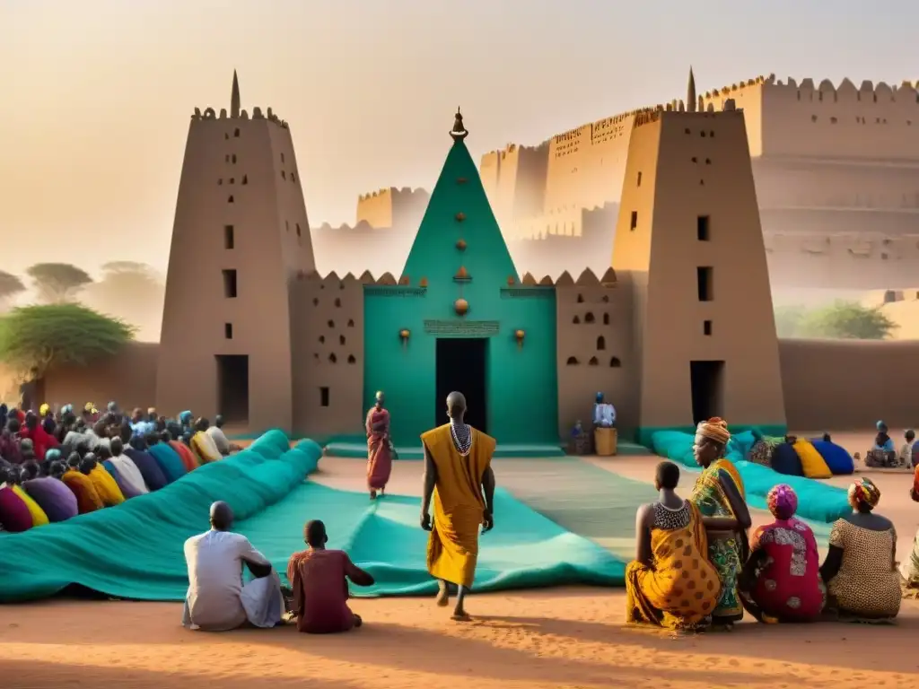 Vibrante mercado junto a la Gran Mezquita de Djenné en Mali, fusionando arquitectura africana y diseño sostenible