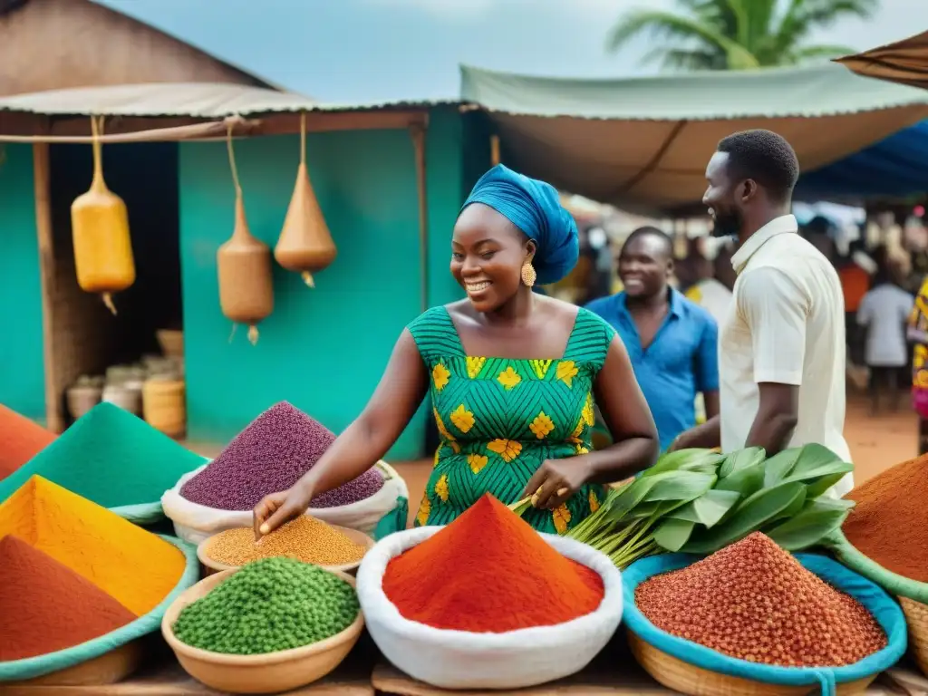 Un vibrante mercado en Accra, Ghana, lleno de coloridas especias y productos frescos