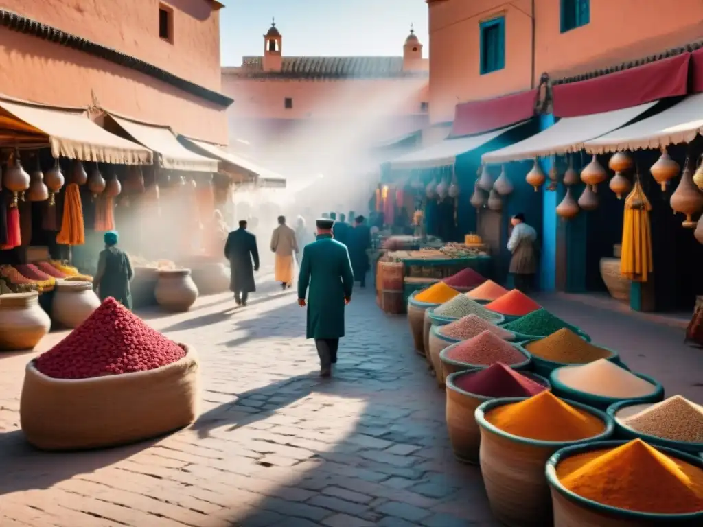 Un vibrante mercado en Marrakech, con locales y turistas explorando textiles, cerámica y especias bajo el cálido sol de África del Norte