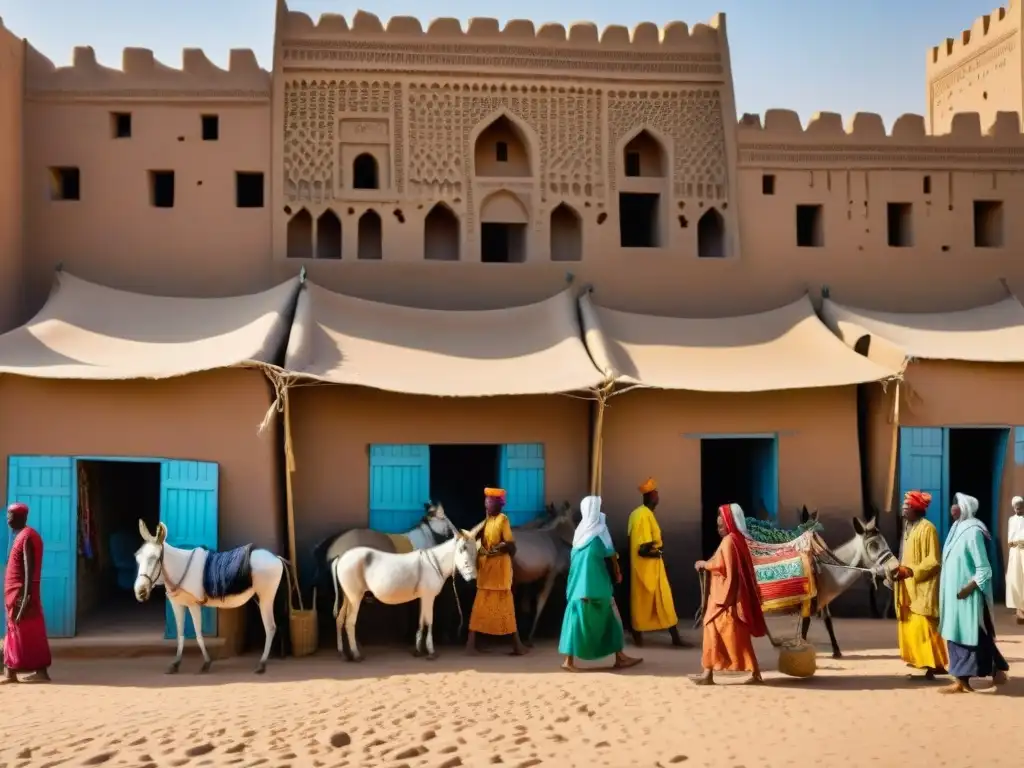 Un vibrante mercado en Timbuktu, Mali, con comerciantes y productos tradicionales bajo el sol africano