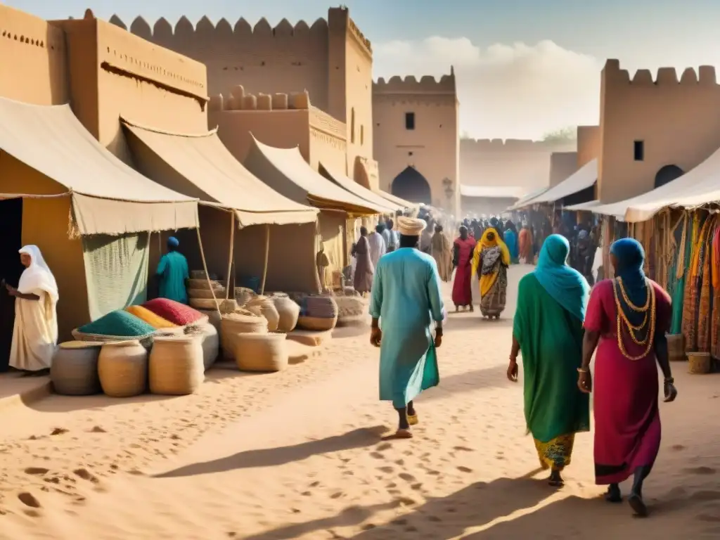 Vibrante mercado en Timbuktu, Mali, con influencia árabe en África Occidental, colores y telas tradicionales