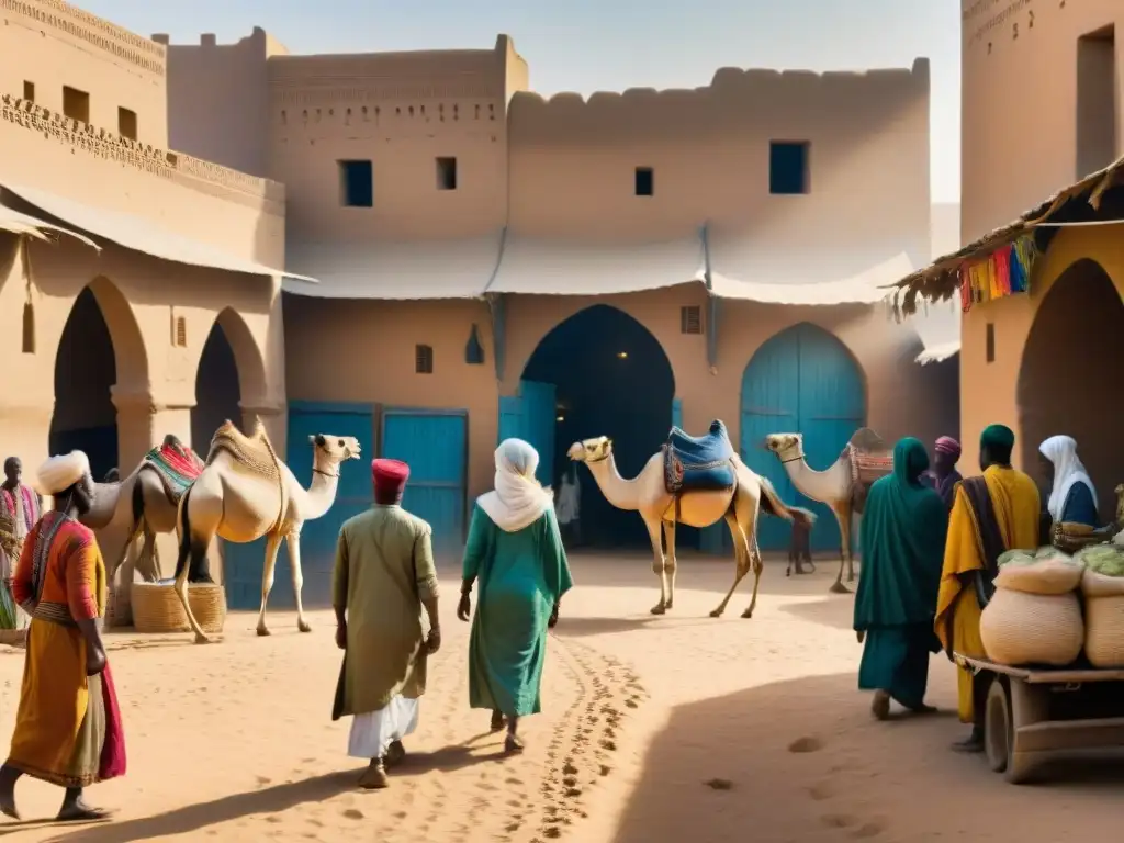 Vibrante mercado en Timbuktu, Mali, con mercancías, locales, y edificios de barro, evocando las Rutas comerciales transaharianas historia intercambio