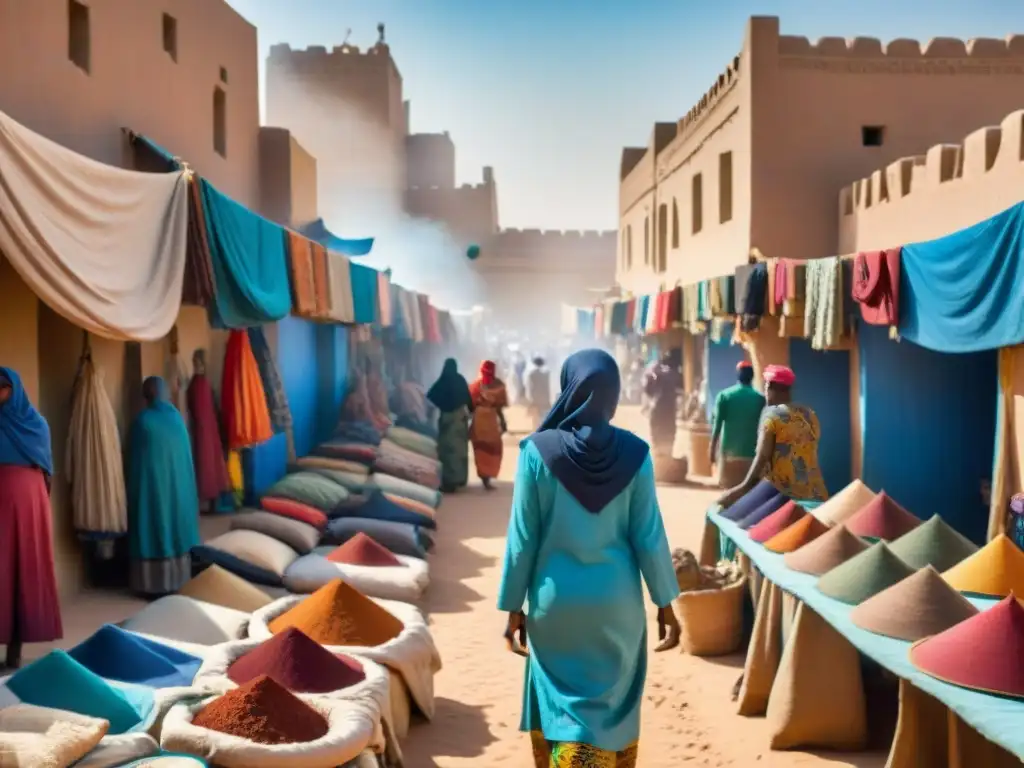 Un vibrante mercado en Timbuktu, Mali, con productos coloridos y clientes locales, bajo un cielo azul