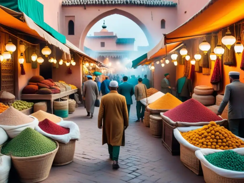 Vibrante mercado de Marrakech con colores vivos y vendedores locales interactuando con turistas, reflejando la auténtica experiencia cultural