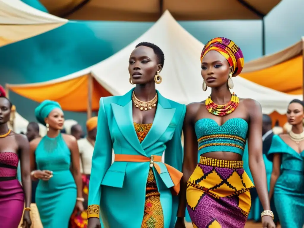 Un vibrante mercado de moda africana lujo: elegantes personas exploran coloridos puestos con prendas y accesorios africanos