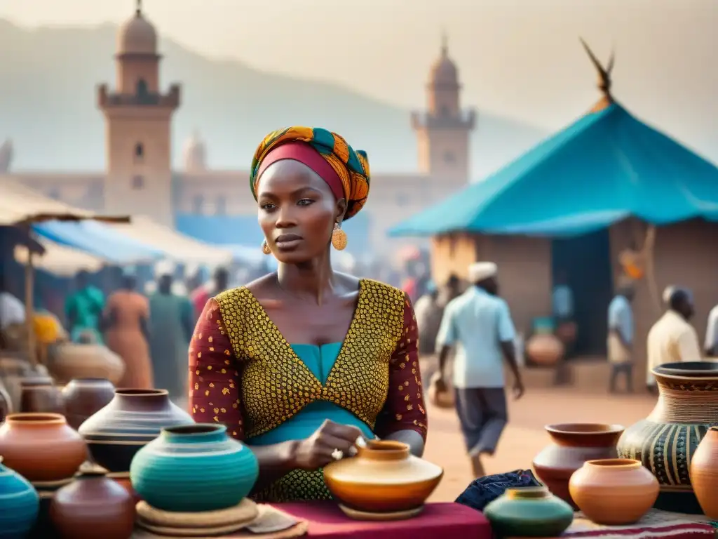 Un vibrante mercado en África Occidental, con artesanías tradicionales, telas coloridas y actividad bulliciosa