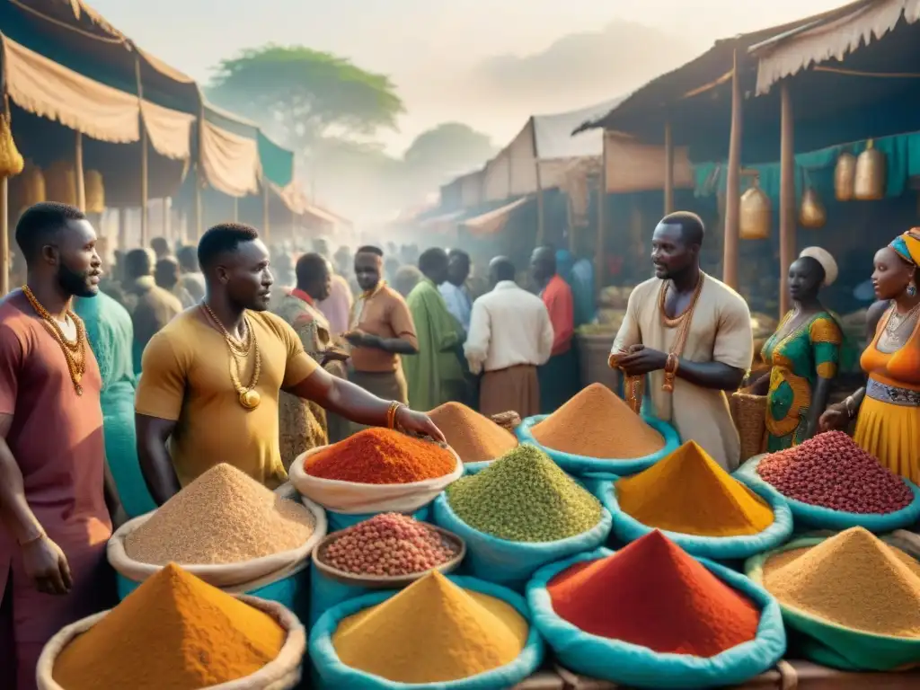 Un vibrante mercado en África Occidental con especias coloridas y pepitas de oro