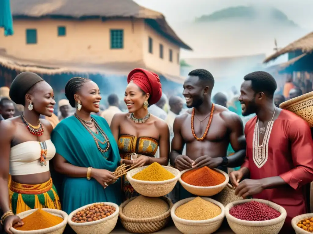 Vibrante mercado en África Occidental durante festival, con música, colores y sabores