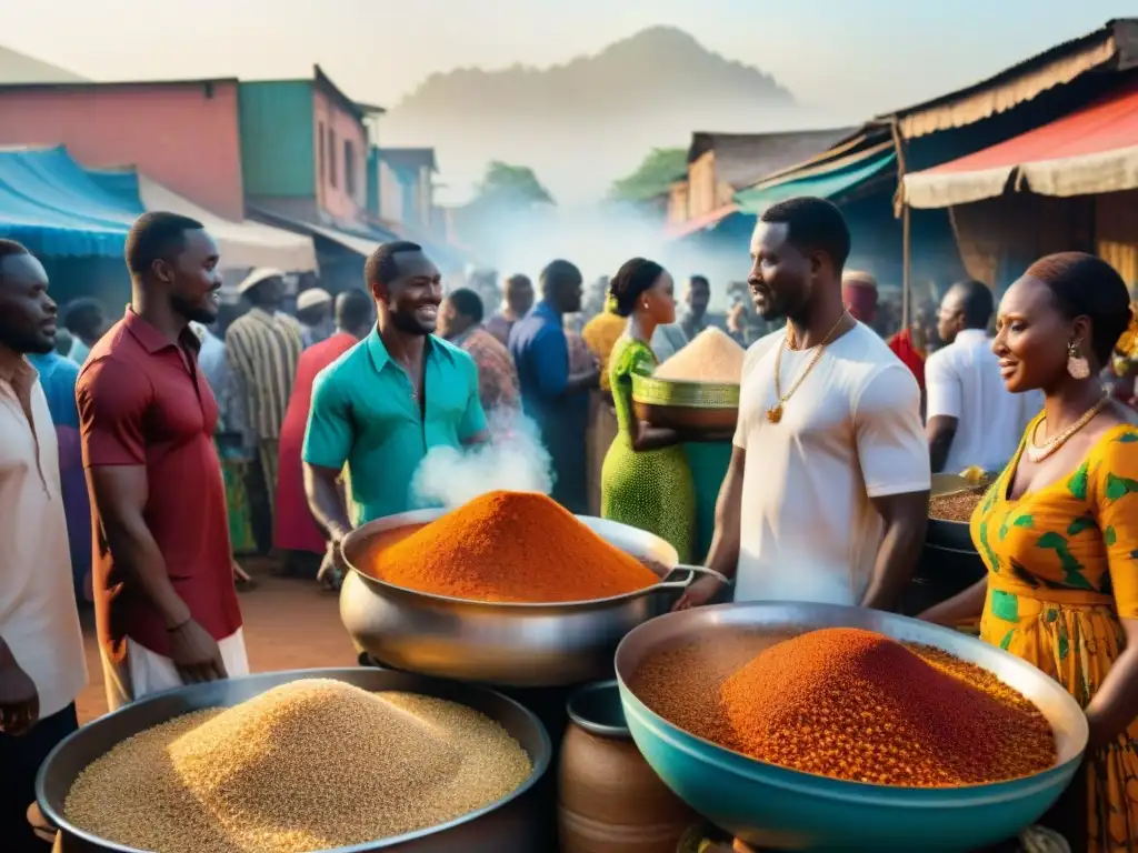 Un vibrante mercado en África Occidental con la historia del arroz Jollof y su influencia global