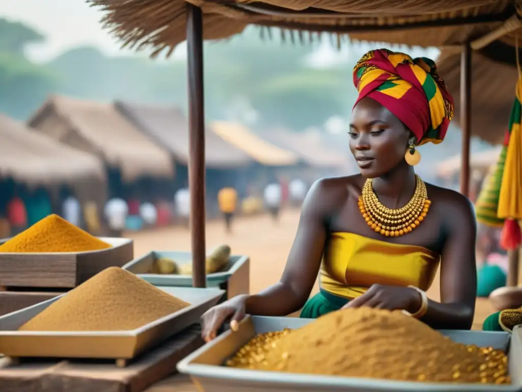 Vibrante mercado de oro en Ghana con joyas y pepitas, colores tradicionales y arquitectura única