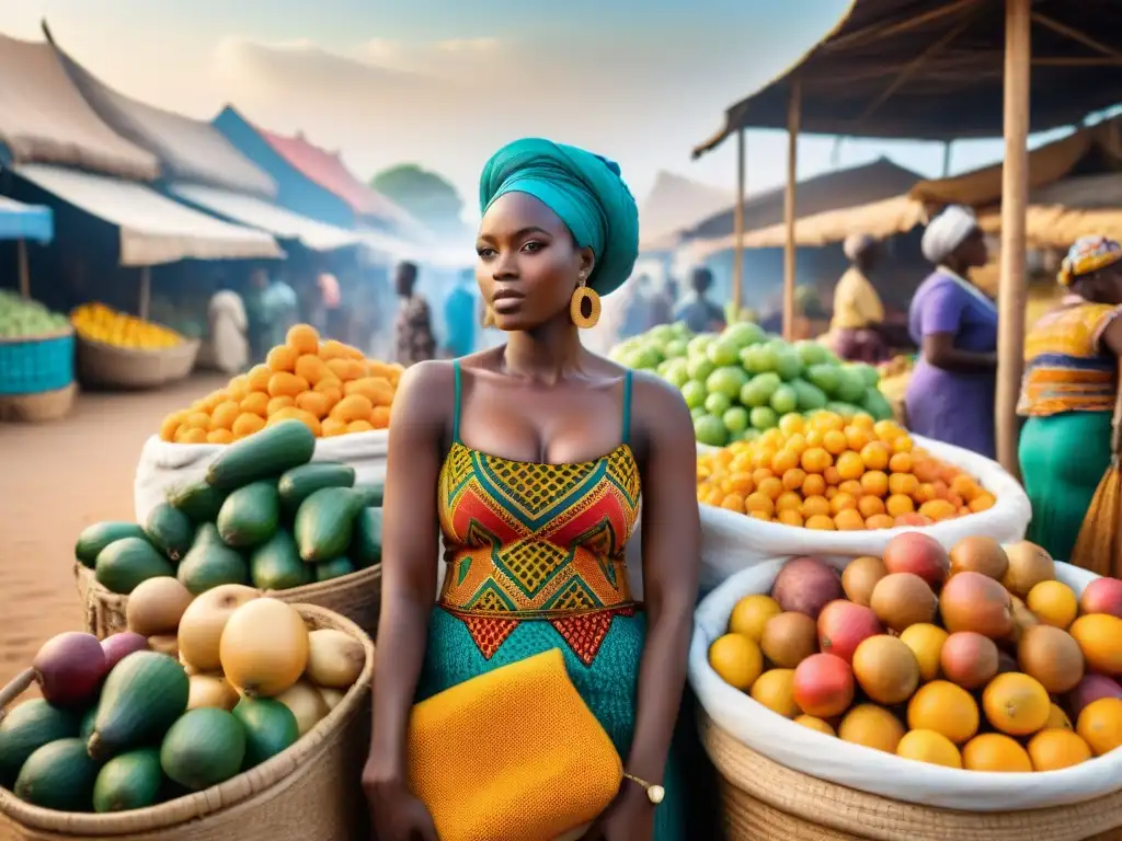 Un vibrante mercado en un país de África Occidental, mujeres venden frutas, verduras y artesanías