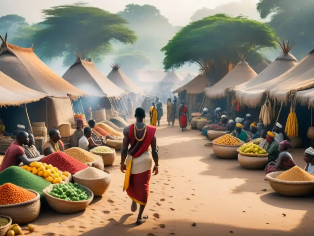 Vibrante mercado precolonial africano con frutas, verduras y especias en comercio entre tribus africanas