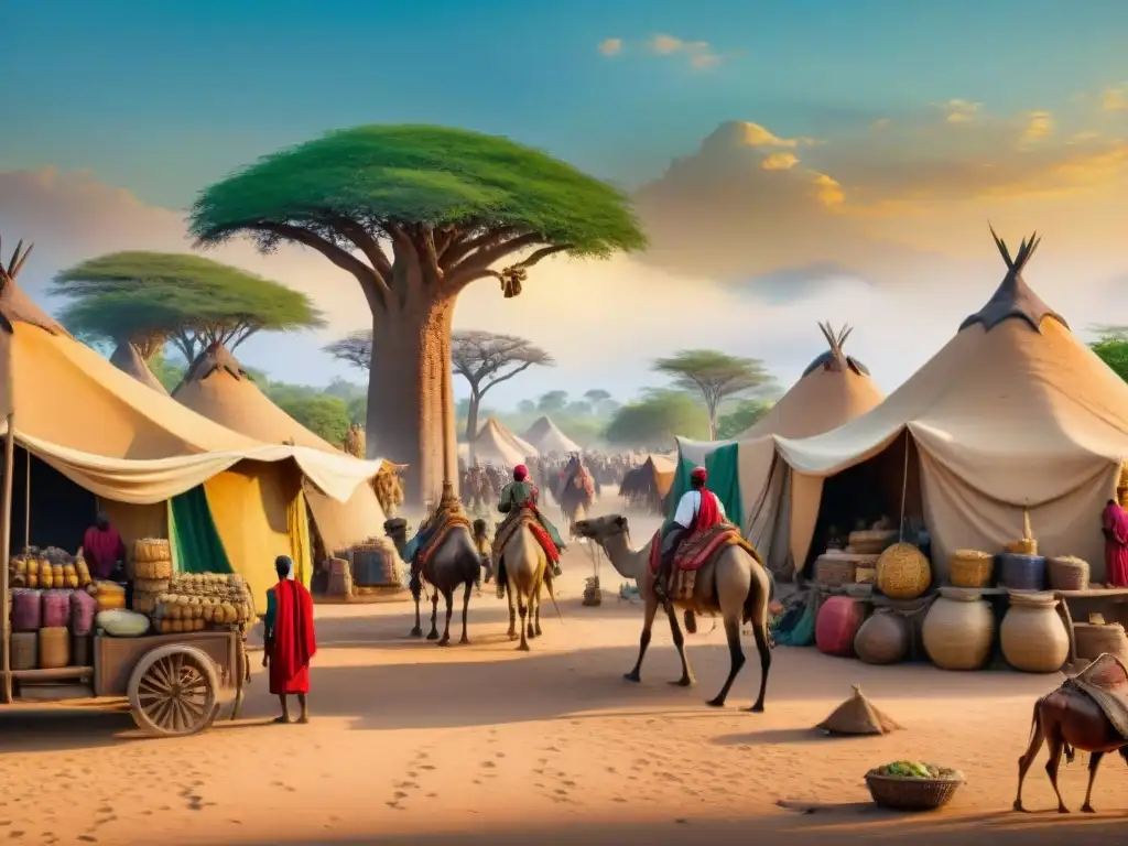 Un vibrante mercado precolonial africano con guerras comercio entre baobabs y camellos