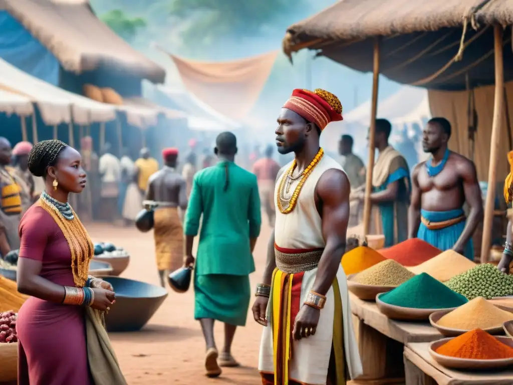 Vibrante mercado precolonial africano con comercio y guerras en Africa