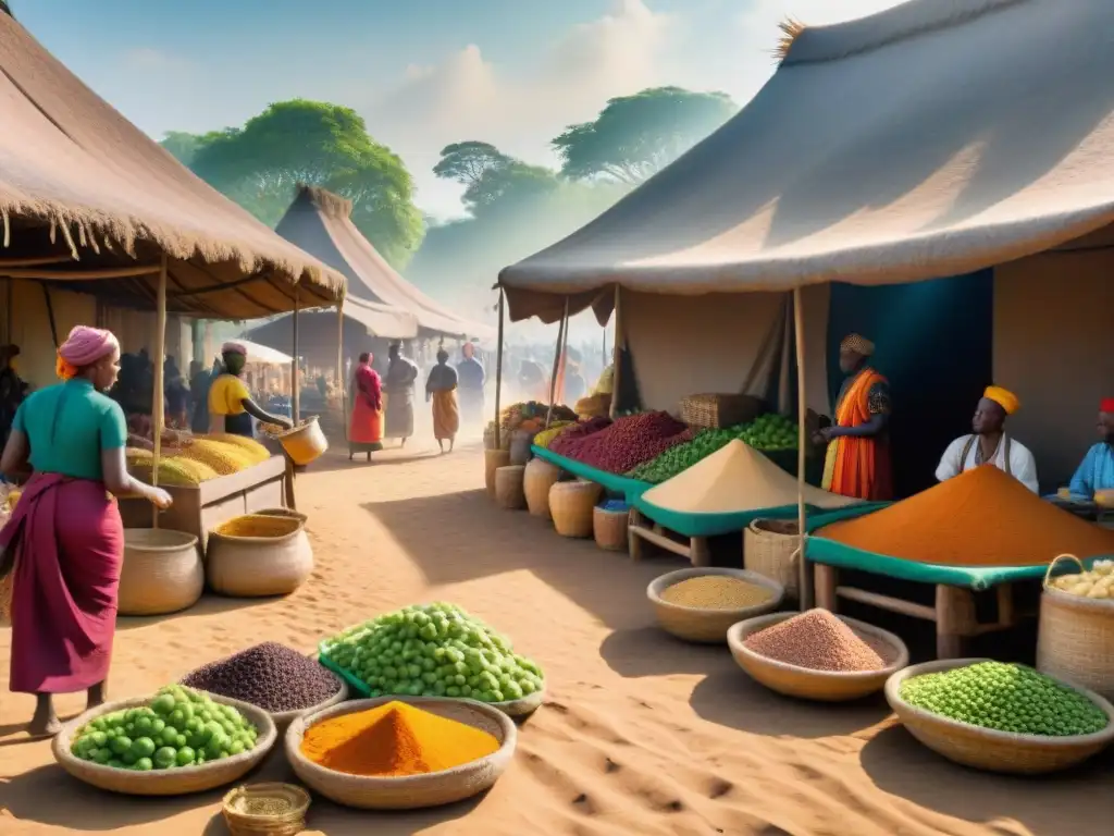 Vibrante mercado precolonial africano, con variedad de comerciantes y productos