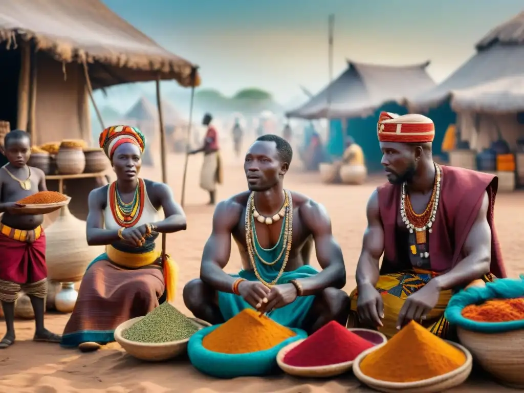 Vibrante mercado precolonial en África con comercio y guerras tribales