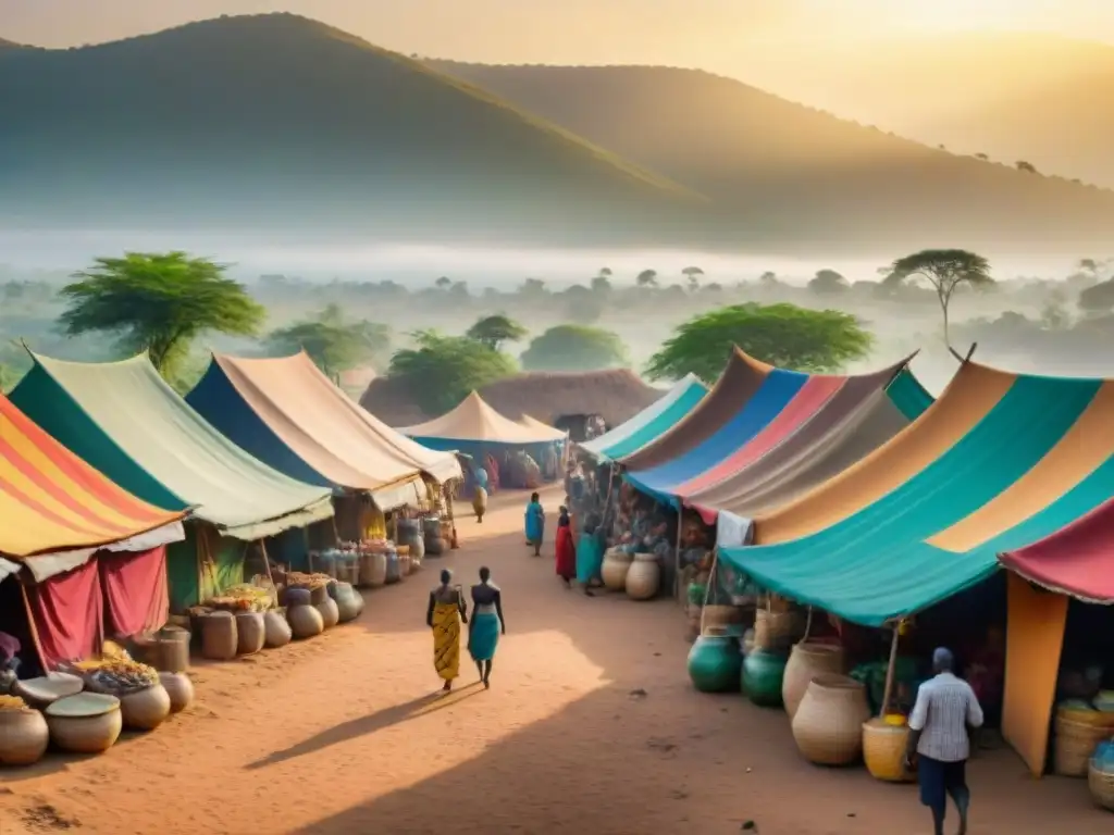 Un vibrante mercado en un pueblo africano, con vendedores de artesanías y frutas bajo coloridos toldos