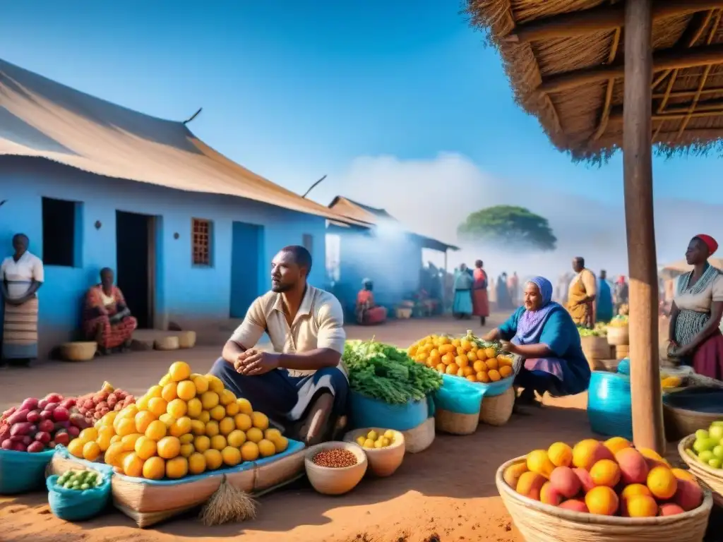 Un vibrante mercado en un pueblo rural del sur de África, reflejando la vida comunitaria y la resistencia ante desafíos de salud