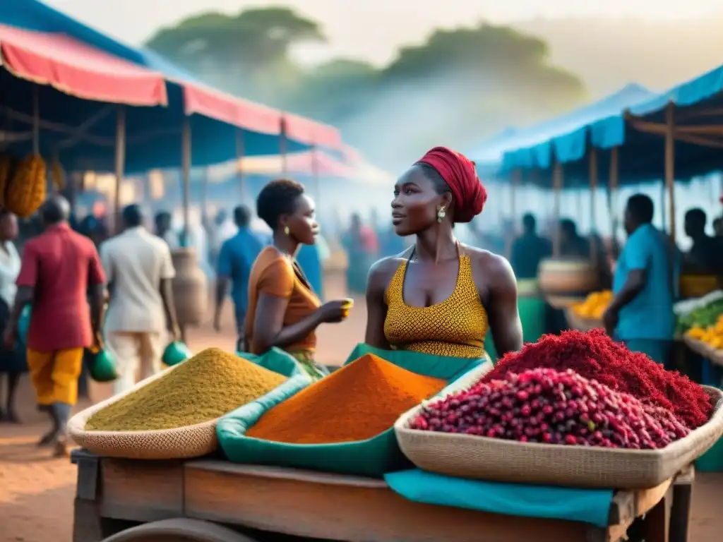 Un vibrante mercado en África con puestos de bebidas tradicionales africanas populares