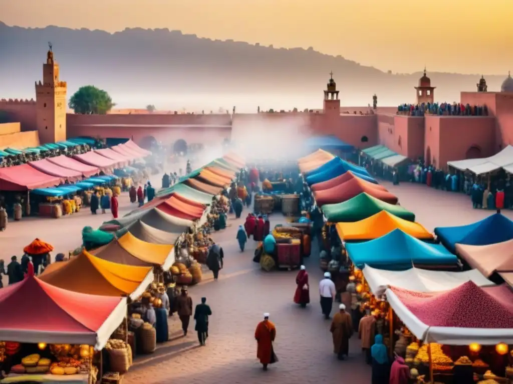 Un vibrante mercado en Marrakech, Marruecos, con puestos de textiles, especias y artesanías