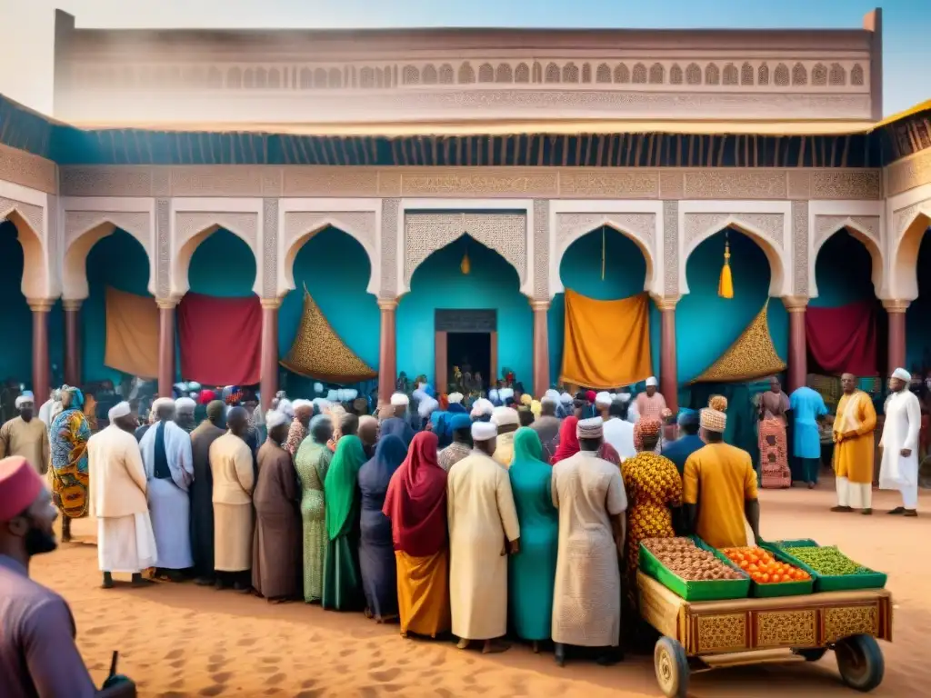 Un vibrante mercado en un reino de África Occidental, reflejando la historia del Islam en la región