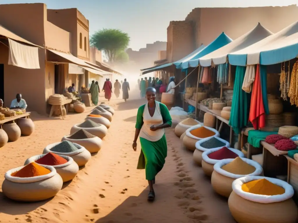 Vibrante mercado saheliano: interacciones Sahel-Europa-Asia, colores, especias y artesanías bajo el sol desértico